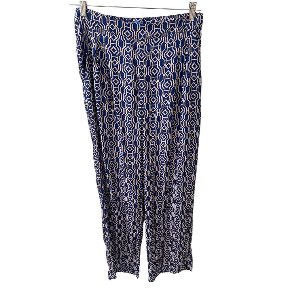 J.McLaughlin Silk Blend Geometric Wide Leg Pull On Pants Navy Tan Quiet Luxury 8 - Picture 2 of 11